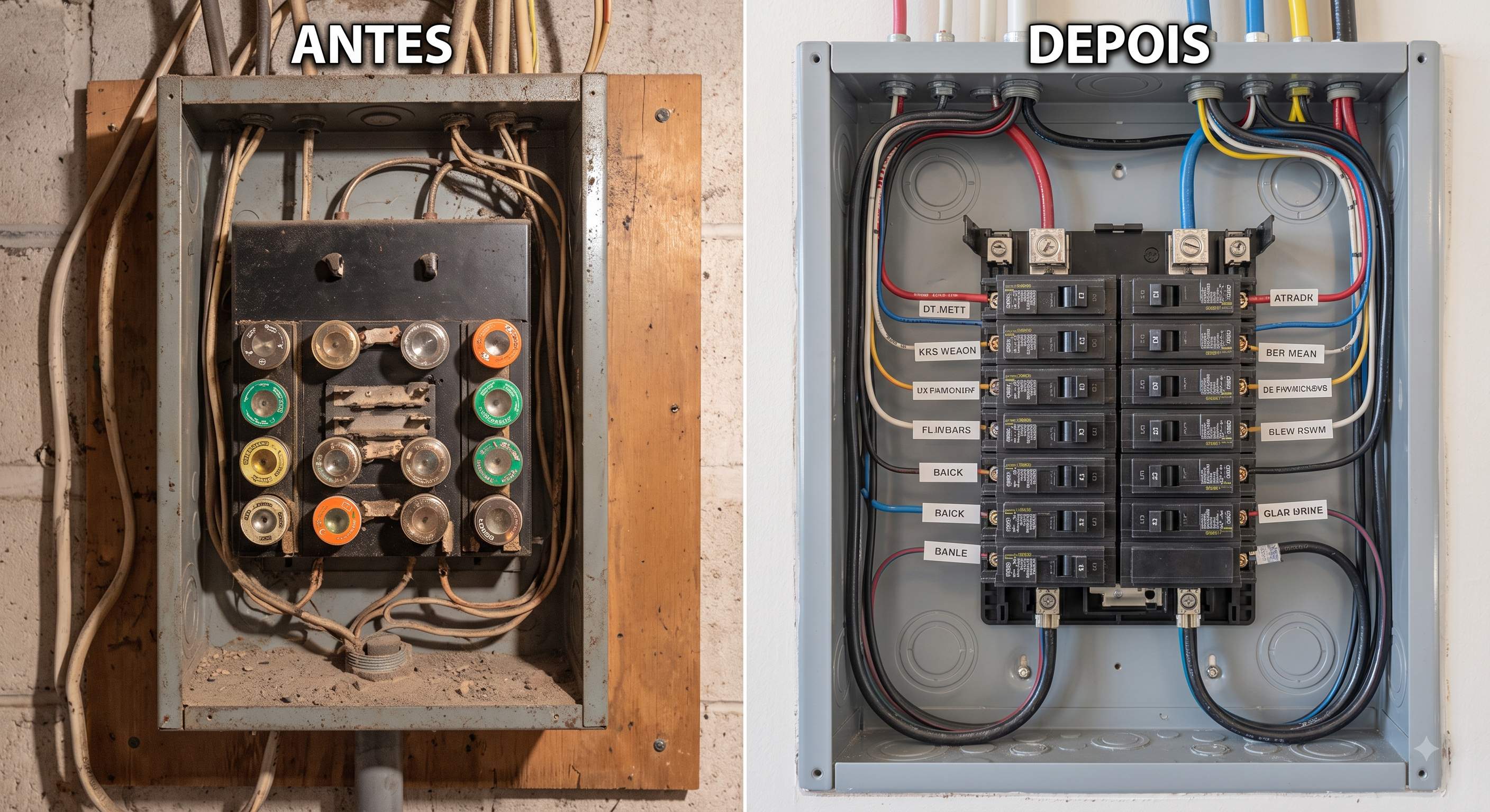 Uma visão focada da transformação de um painel de fusíveis antigo e bagunçado para um painel de disjuntores moderno e organizado.